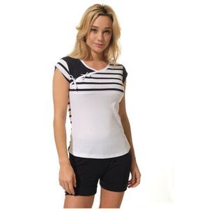 HUBLOT Navy Blue White F800 Women's Striped Lace Up Nautical Shirt Size Medium